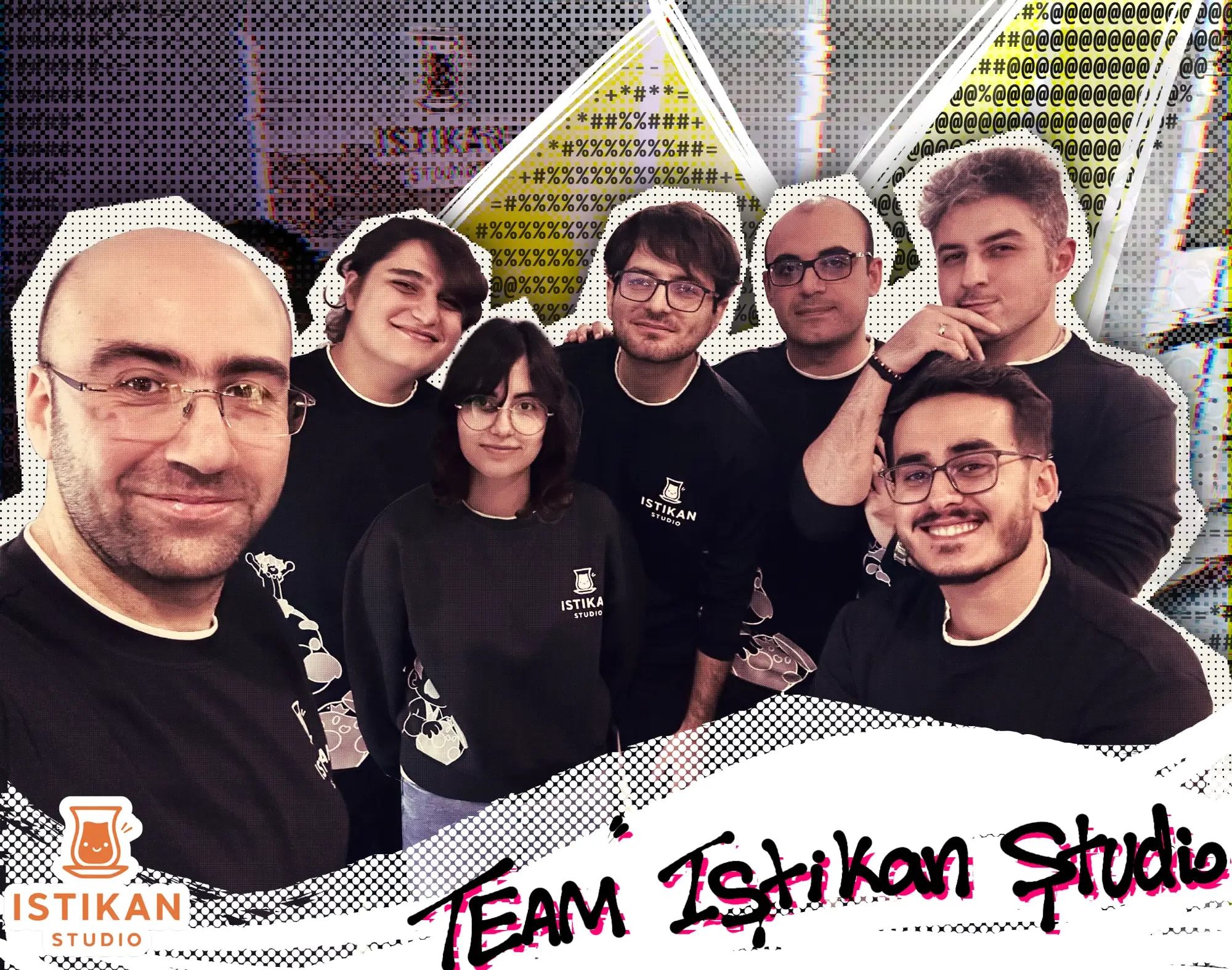 The seven-person Istikan Studio team in matching Istikan Studio sweatshirts, with a scribbled 'Team Istikan Studio' label.